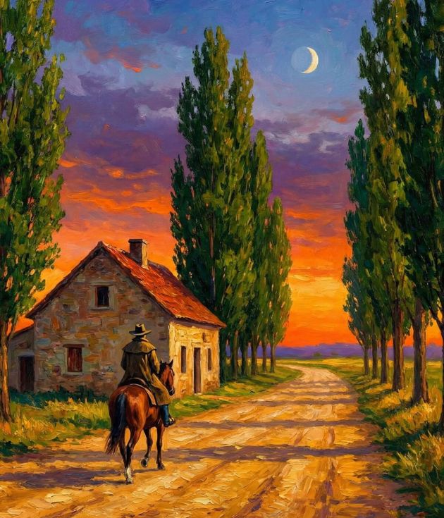 Sunset rider countryside painting