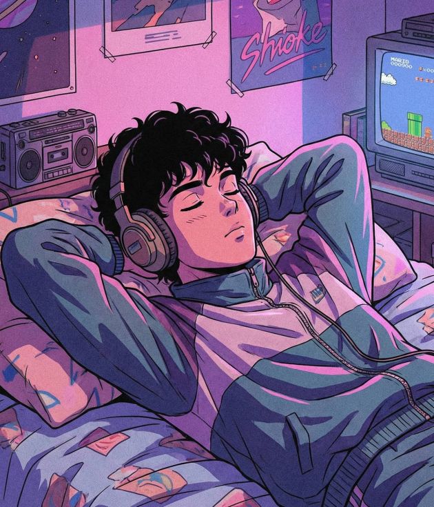 Retro bedroom dreamscape illustration
